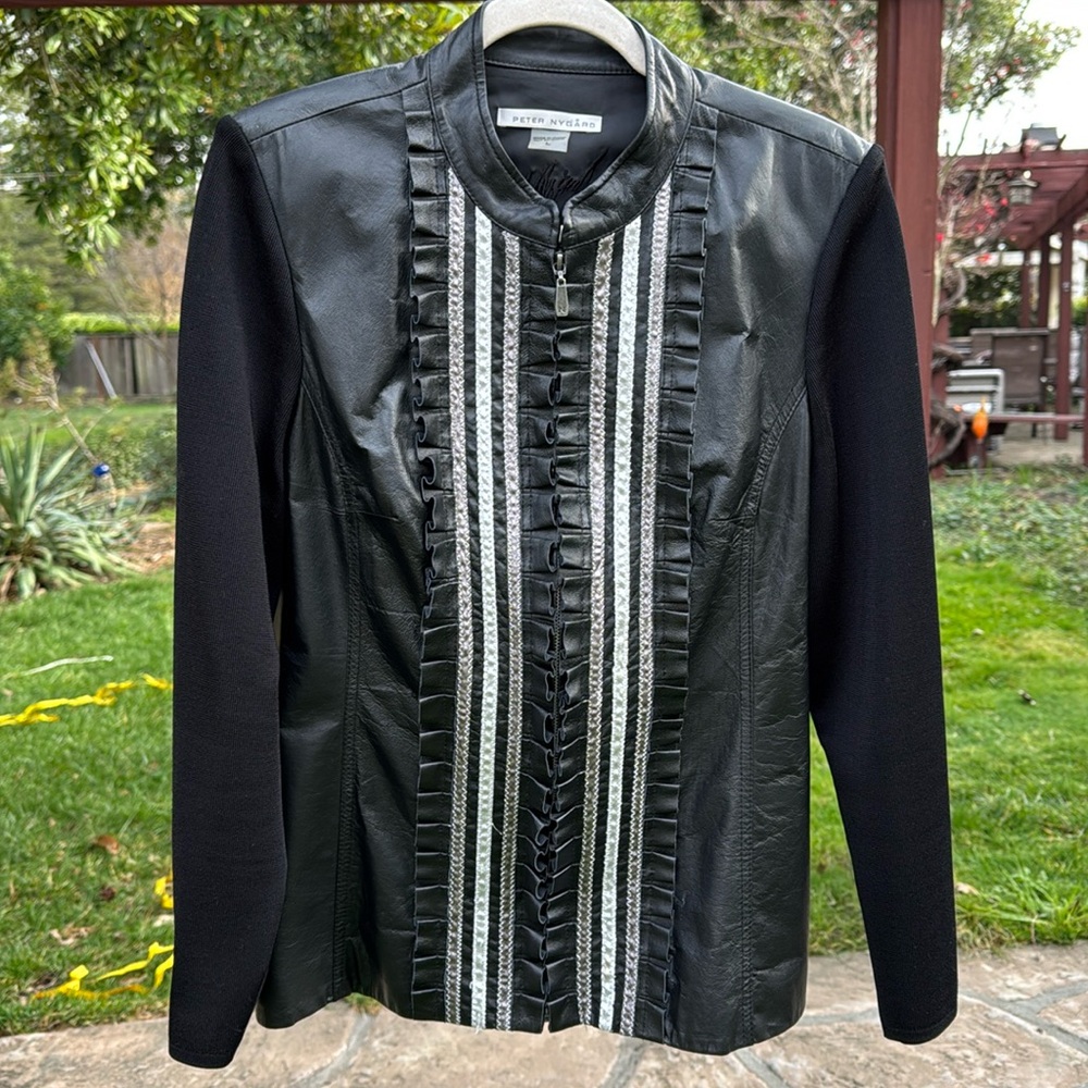 🌹 PETER NYGARD; DESIGNER! Blk. Lthr Vintage Jacket w/Ruffles/Metallic Ribbons L!